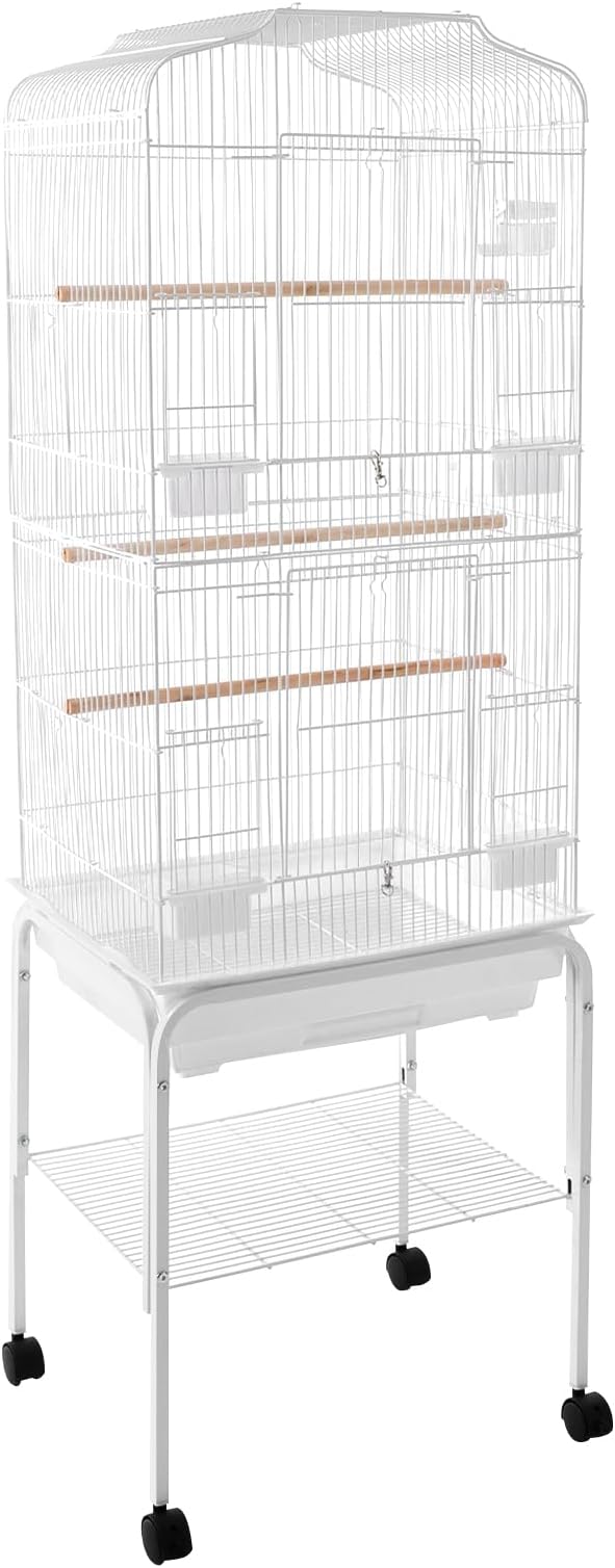 Bird Cage with Wheels, Breeding Cage Wrought Iron Flight Cage with Wooden Stand, Removable Tray & Feeding Bowls for Parrots, Canaries, Lovebirds Finches, 18" L x 14.6" W x 54" H