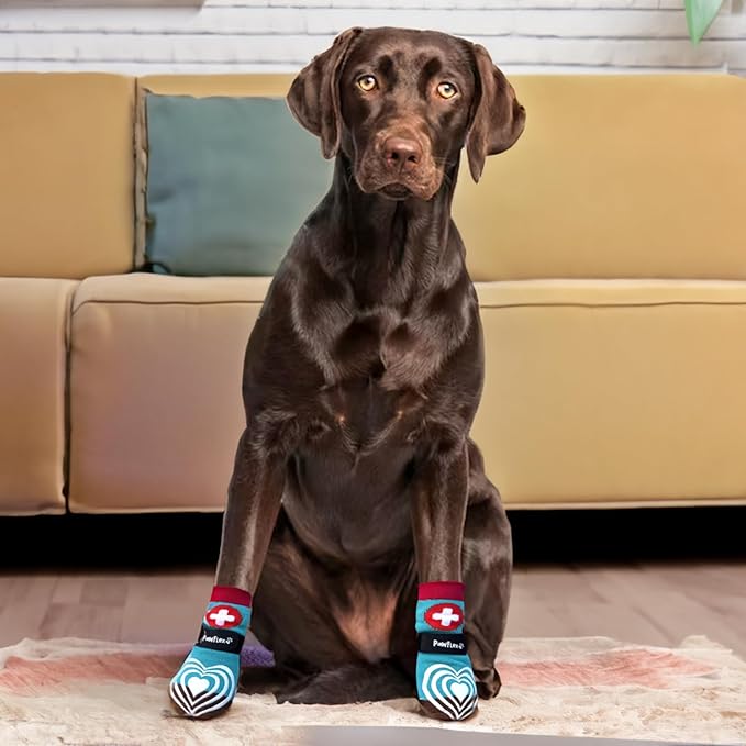 Medical First-Aid Double Sided Anti-Slip Cotton Dog Socks | PawFlex Comfy Pawz Silicone Nonslip at Inner Cuff for No Twisting or Sliding Off | Pet Paw Protection |Wound Care | Traction Control