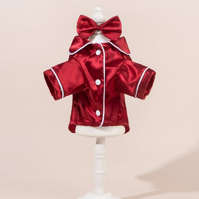 Cat Puppy Costume Elegant Satin Pajamas with Bow Headband 2PCs Set Pet Sleepwear Cute Pet Outfit Cosplay Partywear Photoshoots (red Set,Small)