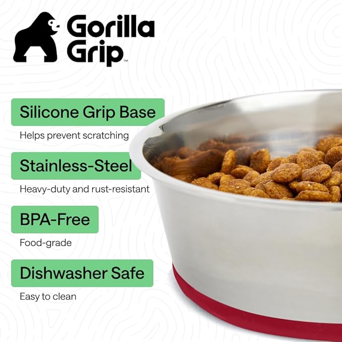 GORILLA GRIP Dog Bowls, Heavy Duty 304 Stainless Steel, Holds 4 Cups Each (32 fl oz) Food and Water Bowl for Feeding Dogs and Cats, Dishwasher Safe, Rust Resistant, BPA Free Rubber Base Set of 2 Red