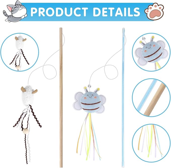 NOWFRESH Cat Wand Toy Set, 2 PCS Interactive Cat Teaser Wands with Cute Octopus & Lion Designs, Equipped with Bells and Streamers to Captivate Your Cat’s Attention