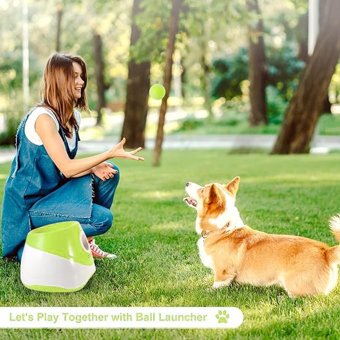 Automatic Dog Ball Launcher, Dog Ball Thrower Machine with 10-30Ft 3 Launching Distance, Interactive Toys for Small Dogs Indoor & Outdoor with 15 Mini Tennis Balls-2 Inch Light Green