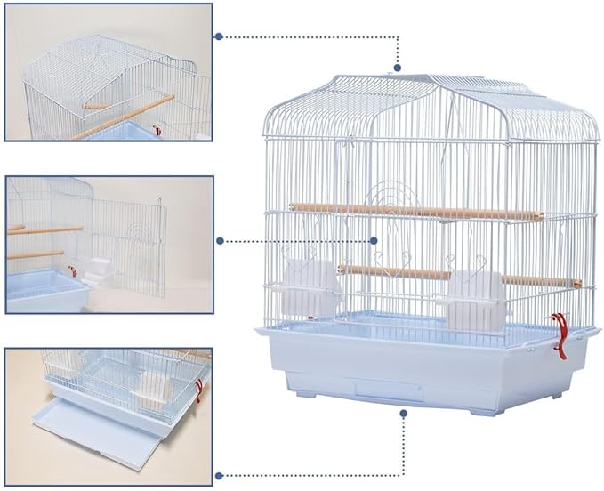 Portable White Bird Cage for Small & Medium Birds, Travel and Home Use, Parrot Cage with Wooden Perch, Swing, Food Bowls & Removable Tray, Ideal for Budgies, Cockatiels, Canaries