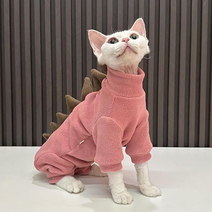 Sphynx cat Clothes, Dinosaur Costume, Hairless Cats Warm Clothes for Cornish Rex and Devon Rex (Red, XL(8-10lbs))