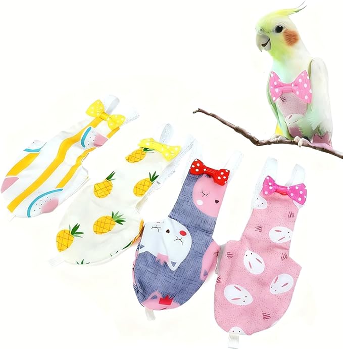 Bird Clothes, 4-Pack Reusable Bird Diapers with Adjustable Strap for Small and Medium Parrots, Cockatiels, Lovebirds, Parakeets (M)