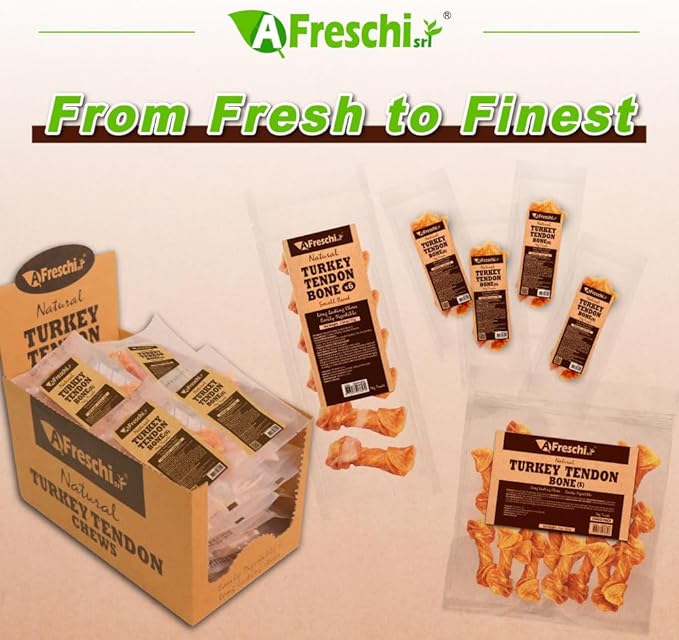 A Freschi srl Turkey Tendons for Dogs, USA-Sourced, Healthy Dog Treats, Rawhide-Free Puppy Chews, Long Lasting, All Natural, Hypoallergenic Dog Treats for Small Breeds, 8 oz Pack Bone (S)