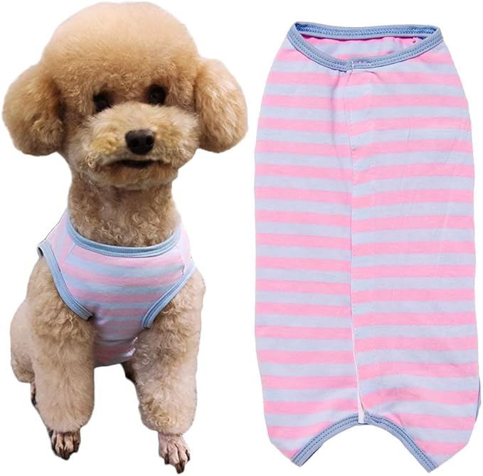 Dog’s Recovery Suit Post Surgery Shirt for Puppy, Wound Protective Clothes for Little Animals(Pink Blue Stripe-XXS)