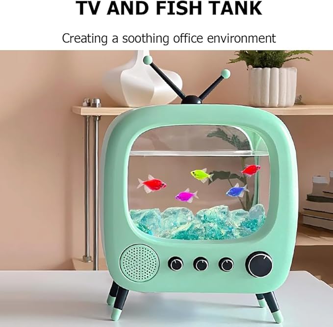 Fish Tank Mini Aquarium,Realistic TV Styling,Small Betta Fish Tank Starter Kit,Desktop Fish Bowl for Desk Display with Lights,Helping Cats Fight Depression,Green c