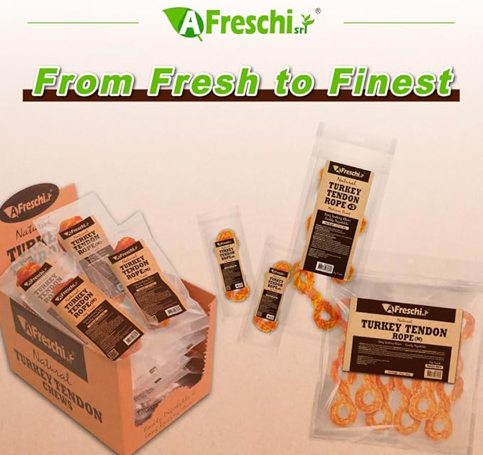 A Freschi srl Turkey Tendons for Dogs, USA-Sourced, Healthy Dog Treats, Rawhide-Free Puppy Chews, Long Lasting, All Natural, Hypoallergenic Dog Treats for Medium Breeds, 3 Count Pack Rope (M)
