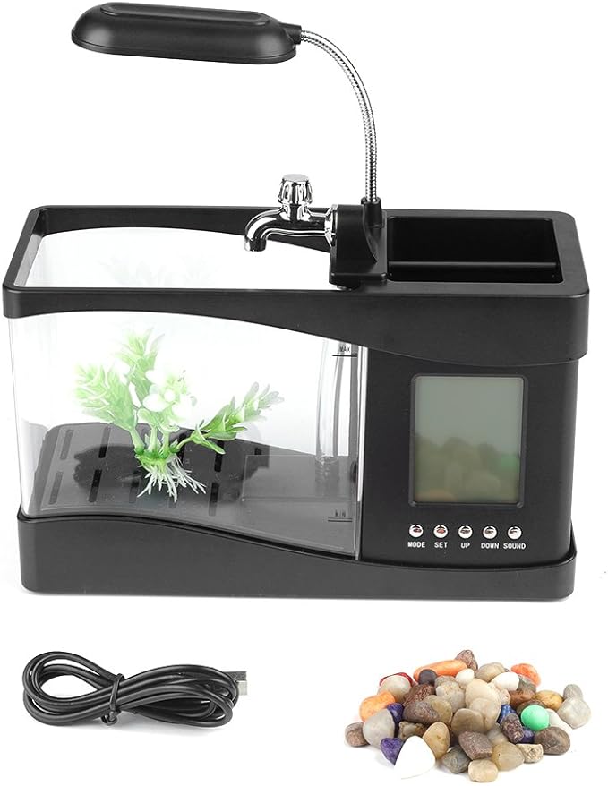 Small Divided Fish Multifunctional USB Rechargeable Mini Fish Aquarium with Clock Function LED Light(Black)