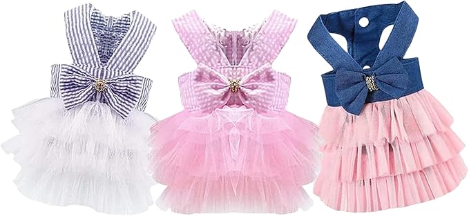 Dog Dresses, Fashion Pet Dog Clothes, Striped Mesh Puppy Dogs Princess Dresses (Pink/Blue/Denim(3pack), Large)