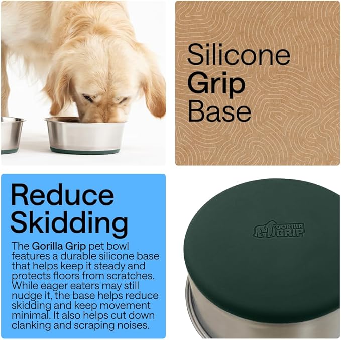 GORILLA GRIP Dog Bowls, Holds 2 Cups Each (16 fl oz), Heavy Duty Stainless Steel Food and Water Bowl for Feeding Dogs and Cats, Dishwasher Safe, Rust Resistant, BPA Free Rubber Base, Set of 2 Green