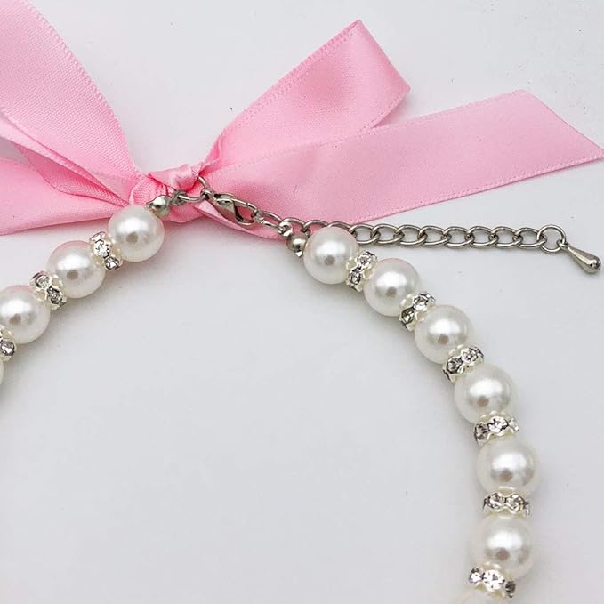 Pearl Crystal Dog Necklace Collar Jewelry for Small Dogs Puppy, Bling Cat Wedding Collar with Rhinestones Charm, Chihuahua Yorkie Clothes Outfits Accessories (Pink Heart, 10 to 12-Inch)
