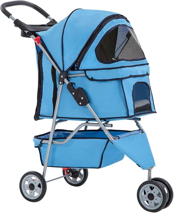 BestPet | 3-Wheel Pet Stroller | Dog and Cat Stroller | Breathable Mesh | Lightweight Travel Carrier | Waterproof & Foldable Design | Storage Basket | Black | for Daily Walks & Outdoor Use