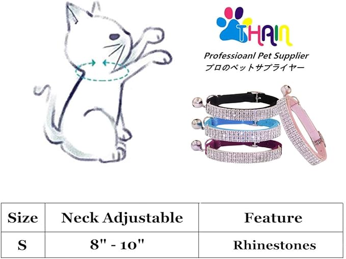THAIN Rhinestones Cat Dog Collar Soft Velvet Safe Adjustable Collar Bling Diamante with Bells, 8-11 inch for Small Dogs and Cats (Light Blue)