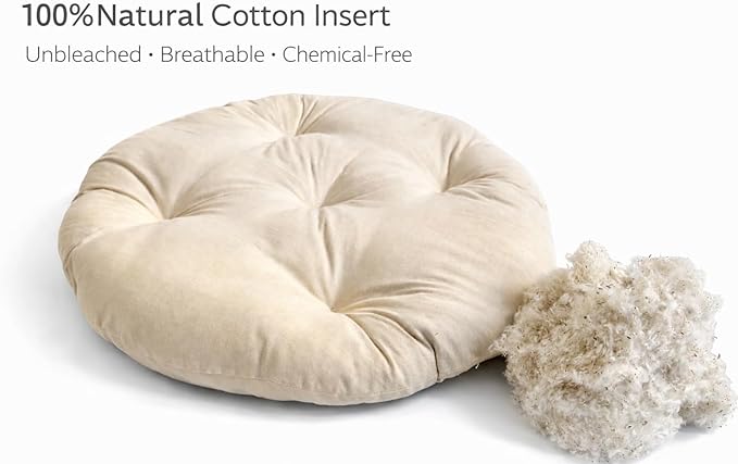 Round Dog Bed Insert Natural – Muslin Cotton Cover with Raw Cotton Filling, Breathable, Plastic-Free, Replacement Cushion (Small 24" x 3")