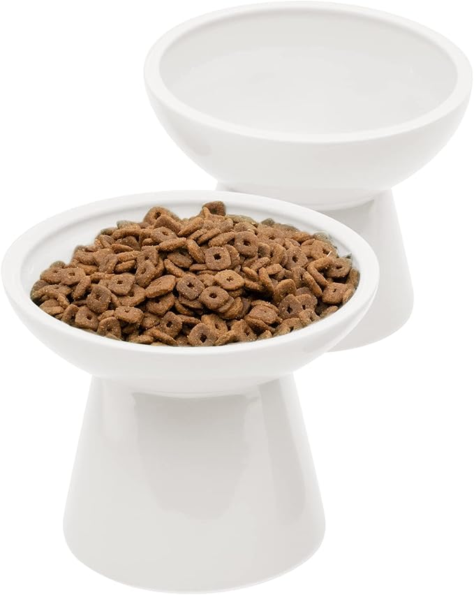 2 Elevated Ceramic Cat Bowls Extra Wide for Food & Water – Whisker Fatigue Shallow Food Dish, Lead & Cadmium-Free, Raised Height for Cats and Dogs, Two Different Depth Bowls, White