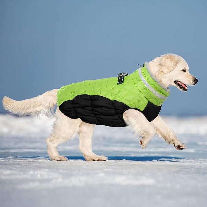 Lelepet Dog Coat Warm Dog Winter Coat Waterproof Dogs Jacket with Harness Built in Reflective Pet Fleece Vest Zip-Up Cold Weather Coats for Large Dogs Turtleneck & Windproof Coats Boston Terrier Lime