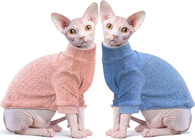 Idepet Sphynx Hairless Cats Sweater Shirt Kitten Soft Puppy Clothes Pullover Cute Cat Pajamas Jumpsuit Cotton Apparel Pet Winter Turtleneck for Cats and Teacup Chihuahua(2 Pack-Blue&Pink,S)