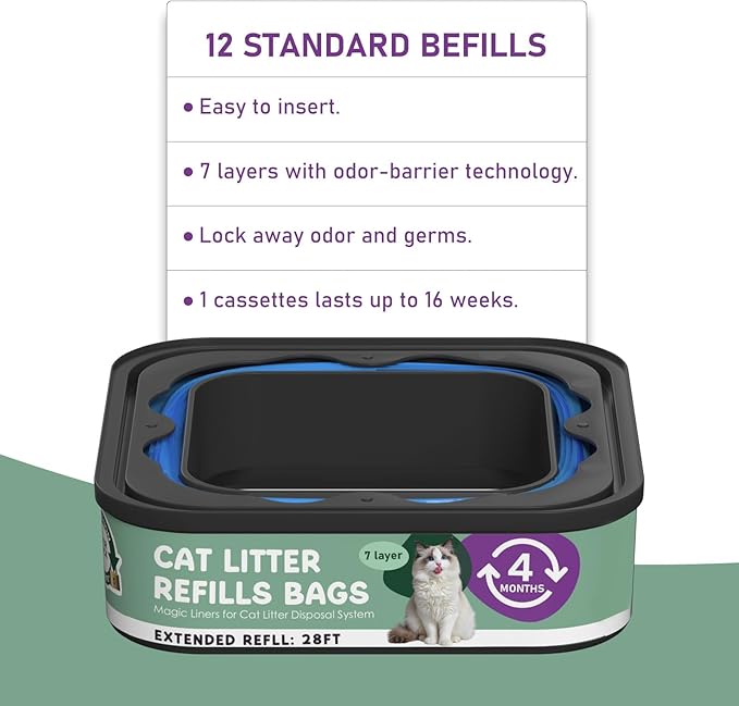 Cat Litter Refill Bags Cartridge 28FT, Compatible with Litter Cat Genie Standard, Plus, XL, XL+ Pail Refills, 7-Layer Odor Control Pet Waste Bags 12 Packs