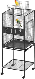 Bird Cage with Wheels, 63 Inch Bird Flight Cage, Wrought Iron Standing Large Parrot Parakeet Flight Birds Cages with Slide Out Tray Parrot Metal Parakeet Cages with Wooden Perches Black