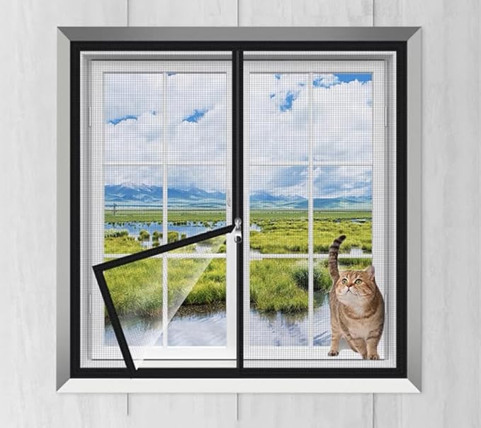 Cat Balcony Net Window Screen Mesh with Zipper Opening,Cat Safety Net Anti-Falling Netting for Balcony Window,Anti-Mosquito Insect Fly Screen Fiberglass Mesh (Black,47x47inch)