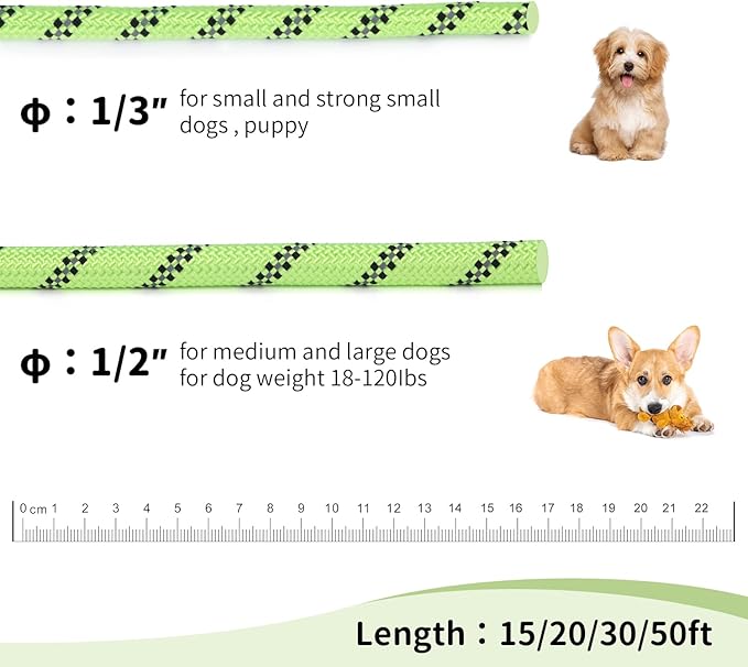 Long Dog Leash for Training 15Ft-Reflective Nylon Rope with Swivel Hook-Recall Agility Lead for Large Small Medium Dogs Outside Walking Hiking-Green Diam 1/2"