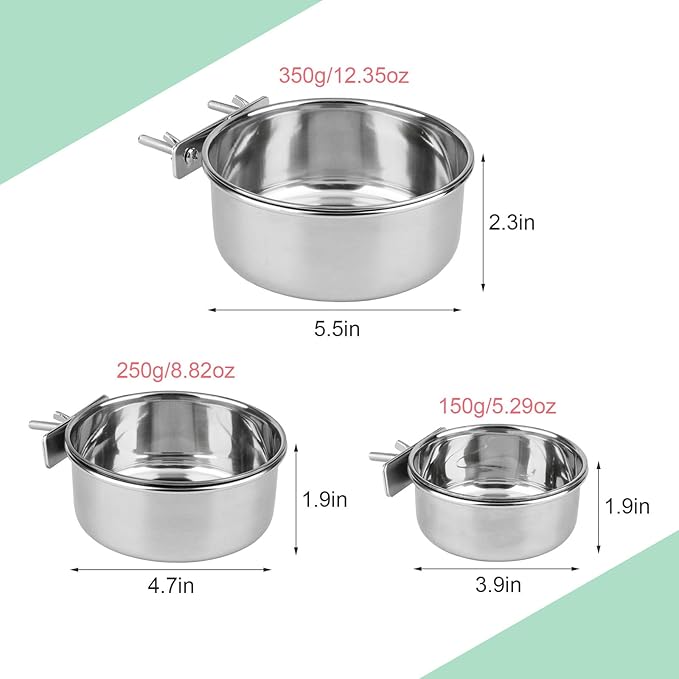 Hypeety Stainless Steel Bird Food Water Bowl Parrot Cage Accessories for Parakeet Bird Dog Cat Parrot Rabbit 2PCS (Large,5.5 * 2.3in)