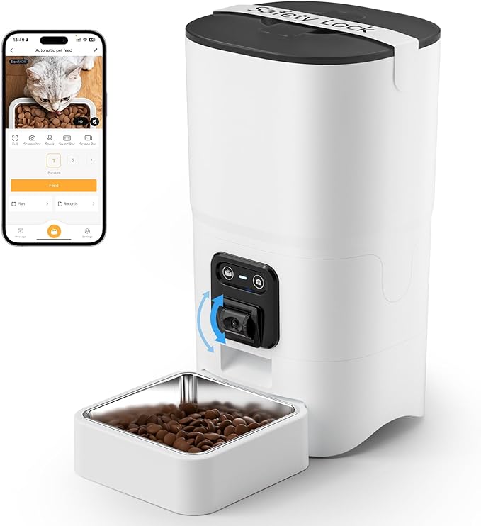 PAPIFEED Automatic Cat Feeder 6L 2.4G WiFi Smart Pet Feeder with Camera & Two-Way Audio, Adjustable Angle, Easy to Clean Detachable Feeding Schedule 1-10 Meals Per Day for Cats & Small Dogs - White