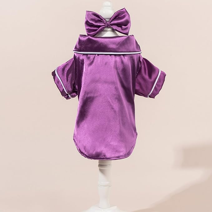 Cat Puppy Costume Elegant Satin Pajamas with Bow Headband 2PCs Set Pet Sleepwear Cute Pet Outfit Cosplay Partywear Photoshoots (Purple Set,Medium)