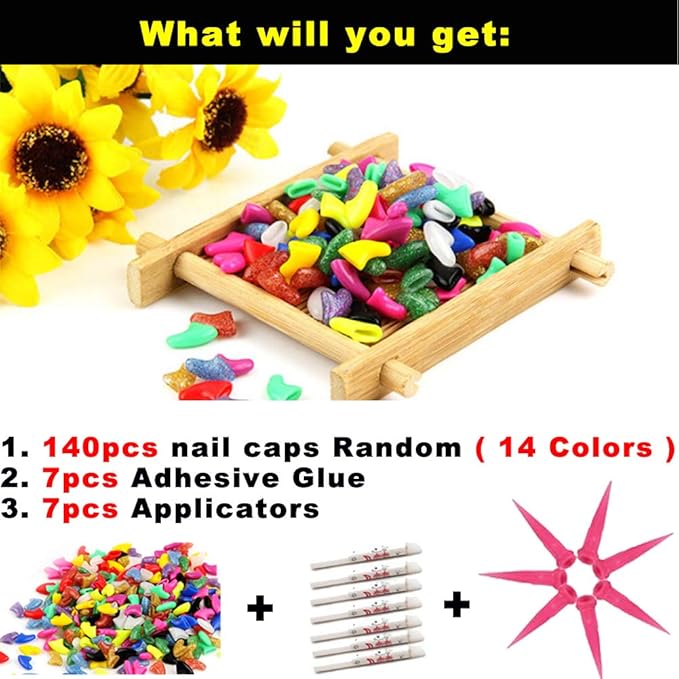 VICTHY 140pcs (14 Colors) Cat Nail Caps, Cat Claw Covers Cat Nail Covers with Adhesives and Applicators (Small)