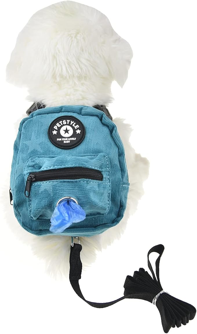FLAdorepet Dog Backpack Harness with Leash, Dog Poop Bag Dispenser, Pet Self Carrier Adjustable Travel Hiking Walking Harness Backpack for Small Medium Dogs (L(Fit:10-15lb), Blue)