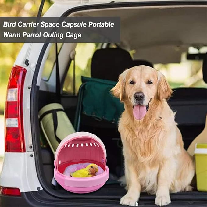Kisangel Portable Bird Travel Cage with Handheld Pink Space Capsule Design and Cushioned Mat, Small Parrot Carrier Suitable for Budgerigars and Young Birds Outdoors