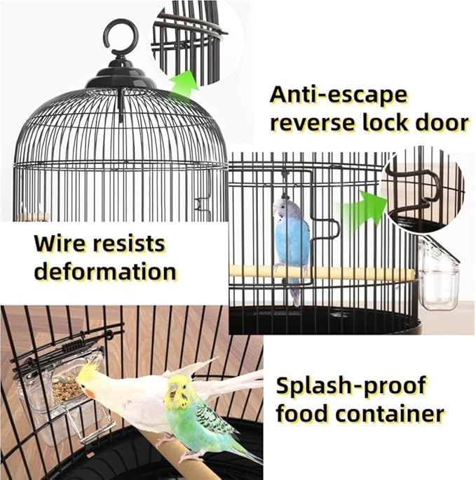 Bird Cage with Wire Mesh, Round Iron Bird Cage, Indoor Parrot Cage, for Small Parrots Parakeets Cockatiels(Black)