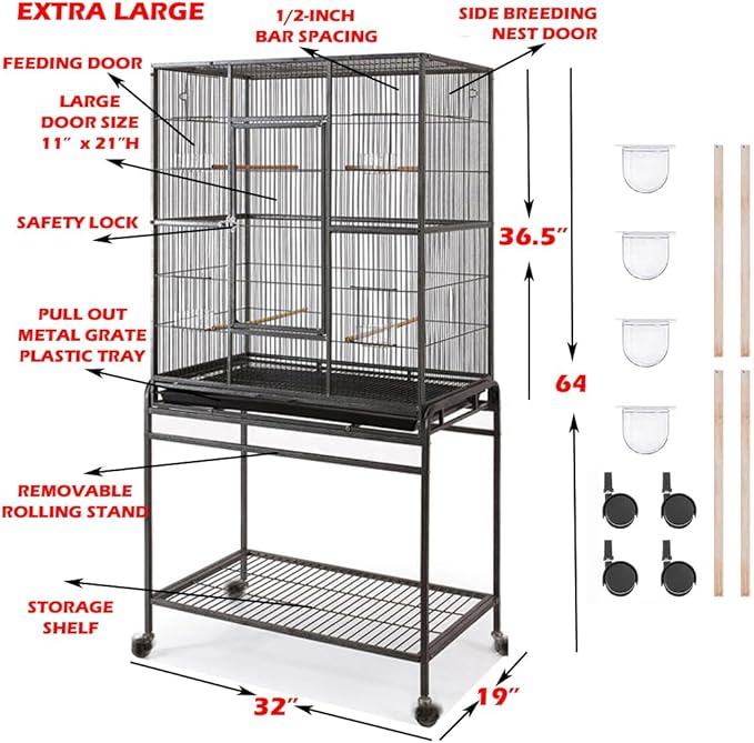 64" Extra Large Wrought Iron Metal Tight 1/2-Inch Bar Spacing Bird Flight Breeder Cage with Side Breeding Nesting Box Doors Easy Clean Pull Out Tray with Removable Rolling Stand