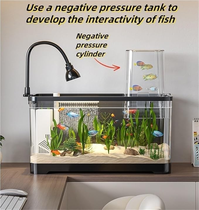 4 Gallon Fish Tank, Small Tabletop Fish Tank, Aquarium with Negative Pressure Tank, Fish Aquarium with Spotlight and Water Pump, Betta Fish Tank Starter Set(Black,12.0x7.7x12.3in)