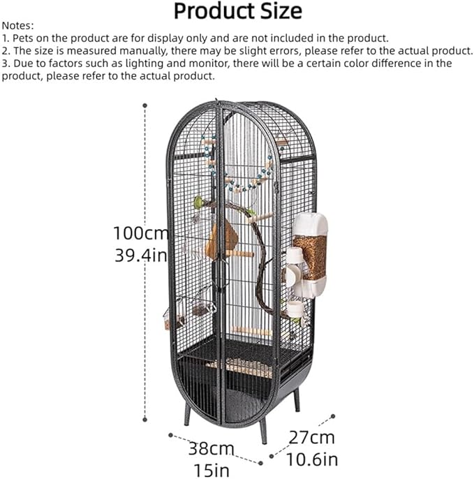 Elegant Large Bird Cage with Support Legs, Metal Birdcage with Accessories, 39.4in Luxury Parrot Aviary for Lovebirds, Cockatiels, Grey Parrots(Black)