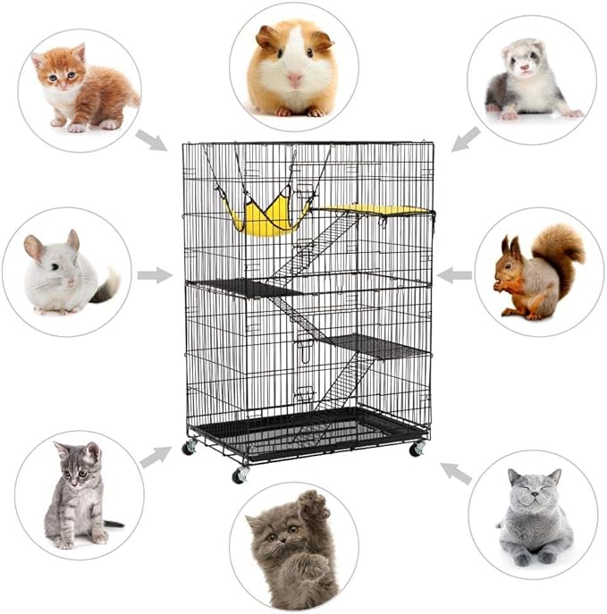 Yaheetech 49'' Collapsible Cat Cage 4-Tier Metal Cat Kennel Ferret Enclosure Chinchilla Cage with Rotating Casters/Ramp/Ladders/Hammock for Indoor Kitten