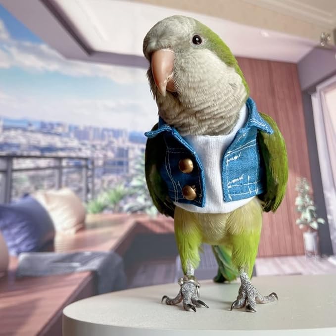 Bird Costume Bird Diaper Flight Suit Bird Jeans Fake Two Pieces Bird Clothes Cosplay Photo Prop for Parrots Lovebird Parakeet Cockatiel Small Animals Apparel (Without Diaper,African Grey)