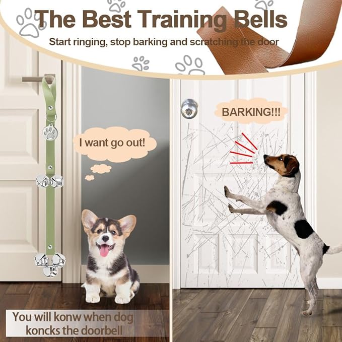 Leather Dog Bells, Puppy Potty Training Bell Dog Doorbell Potty Train Dog Bell for Potty Training Door Bells for Dogs to Ring to Go Outside Jingle Bells (Leather Green, Round Paw 1 PCS)