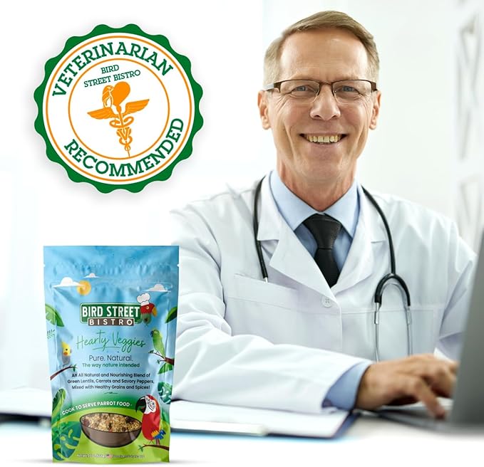 Bird Street Bistro Parrot Food for Parakeets & Cockatiels - Hearty Veggies - 20 oz - Cooks in 3-15 min, Natural Grains, Fruits & Vegetables - USA Made