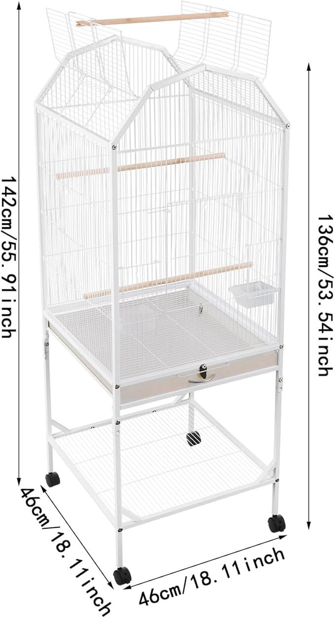 Bird Cage 53.54inch Iron Medium Small Bird Cage with Play Open Top and Rolling Stand Bird Flight Cage for Parrots, Budgerigars, Parakeets, Cockatiels, Lovebirds-White