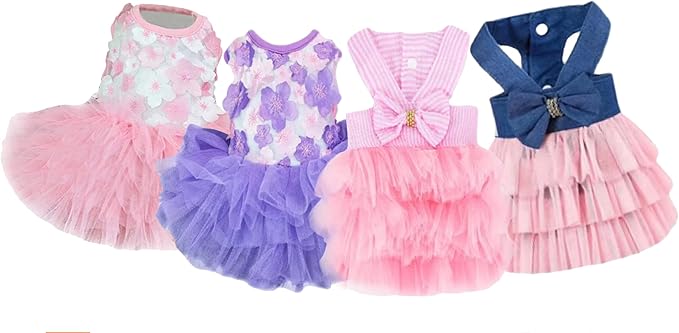 Dog Dresses, Fashion Pet Dog Clothes, Striped Mesh Puppy Dogs Princess Dresses (Purple/Pink(4pack), Large)
