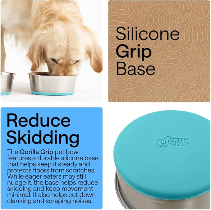 GORILLA GRIP Dog Bowls, Heavy Duty 304 Stainless Steel Holds 2 Cups Each (16 fl oz) Food and Water Bowl for Feeding Dogs and Cats Dishwasher Safe Rust Resistant BPA Free Rubber Base Set of 2 Turquoise