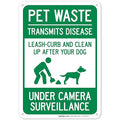 Pet Waste Leash-Curb and Clean Up After Your Dog Under Camera Surveillance Sign, 10x7 Inches, 55 mil Thick HDPS (high Density polystyrene), Made in USA