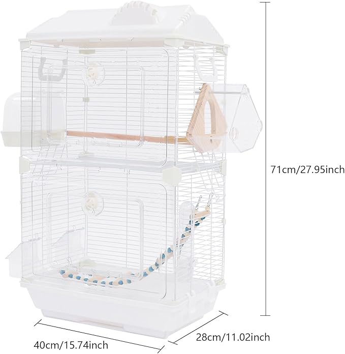 Two-Tier Bird Cage White Medium Flight Cage for Small Birds Parakeets Canaries Finches, Acrylic Front Panel with Ladder Food Cups Bath Box, 15.7x11x28 Inches Free Standing Aviary(B)