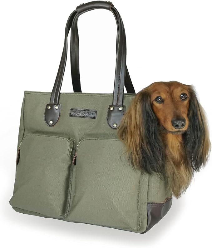 DJANGO Waxed Canvas & Leather Dog Carrier Tote Bag – Premium Soft-Sided Travel Dog Purse with Safety Leash, WR Lining, Zipper Pockets – Everyday Pet Carrier for Small Dogs up to 20 lbs (Olive, Large)