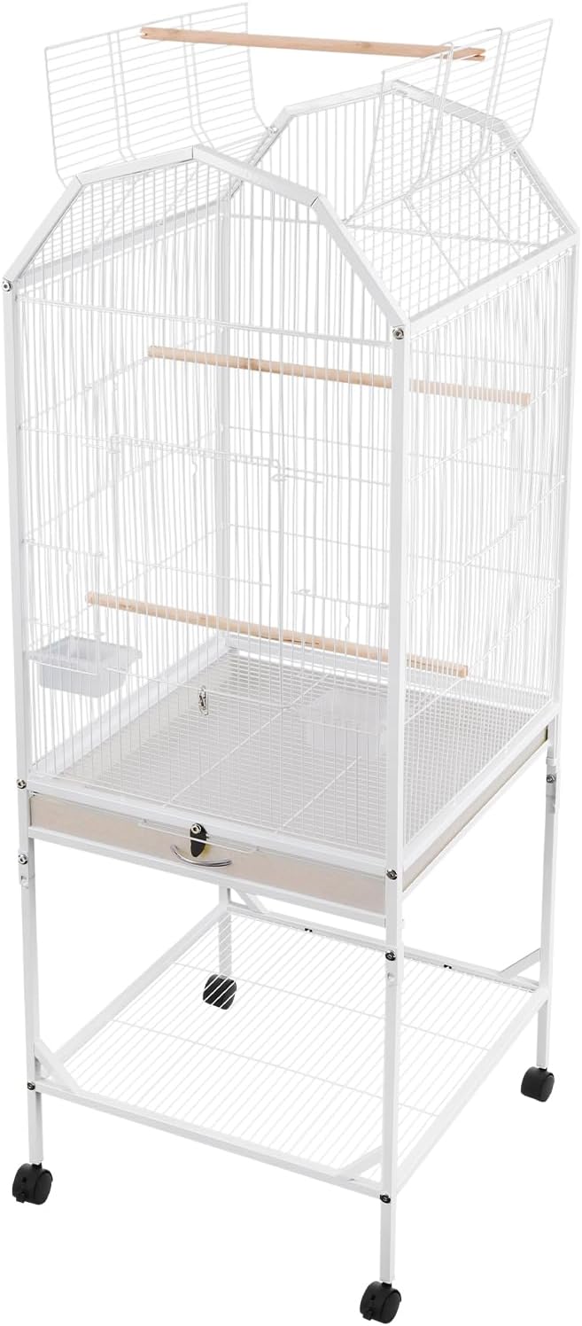 Large Bird Cage with Stand & Wheels, Freestanding Parakeet Birdcage, 53.5 Inch Bird Flight Cages for Parrot Canaries Cockatiels Budgie Parrotlet (White-B)