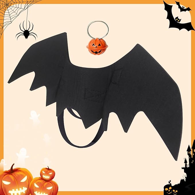 Cat Halloween Costume, Cat Costumes, Small Dog Halloween Costumes - Bat Wing with Pumpkin Bell for Pet Halloween Cosplay Party Dress Up Accessories (Small)