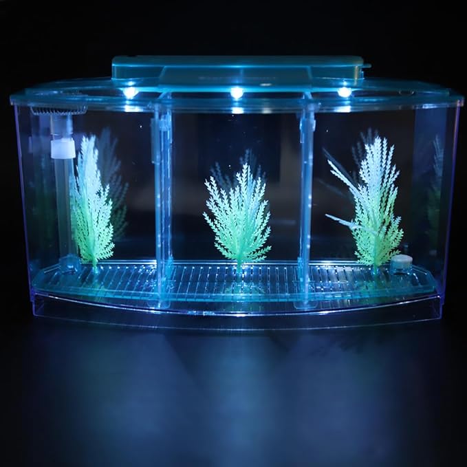 AYNEFY Mini Fish Breeding Box,Aquarium Fish LED Acrylic Three Divisions Small Fishes Isolation Incubator Breeding Hatchery for Guppy Shrimp Fishes (Blue)